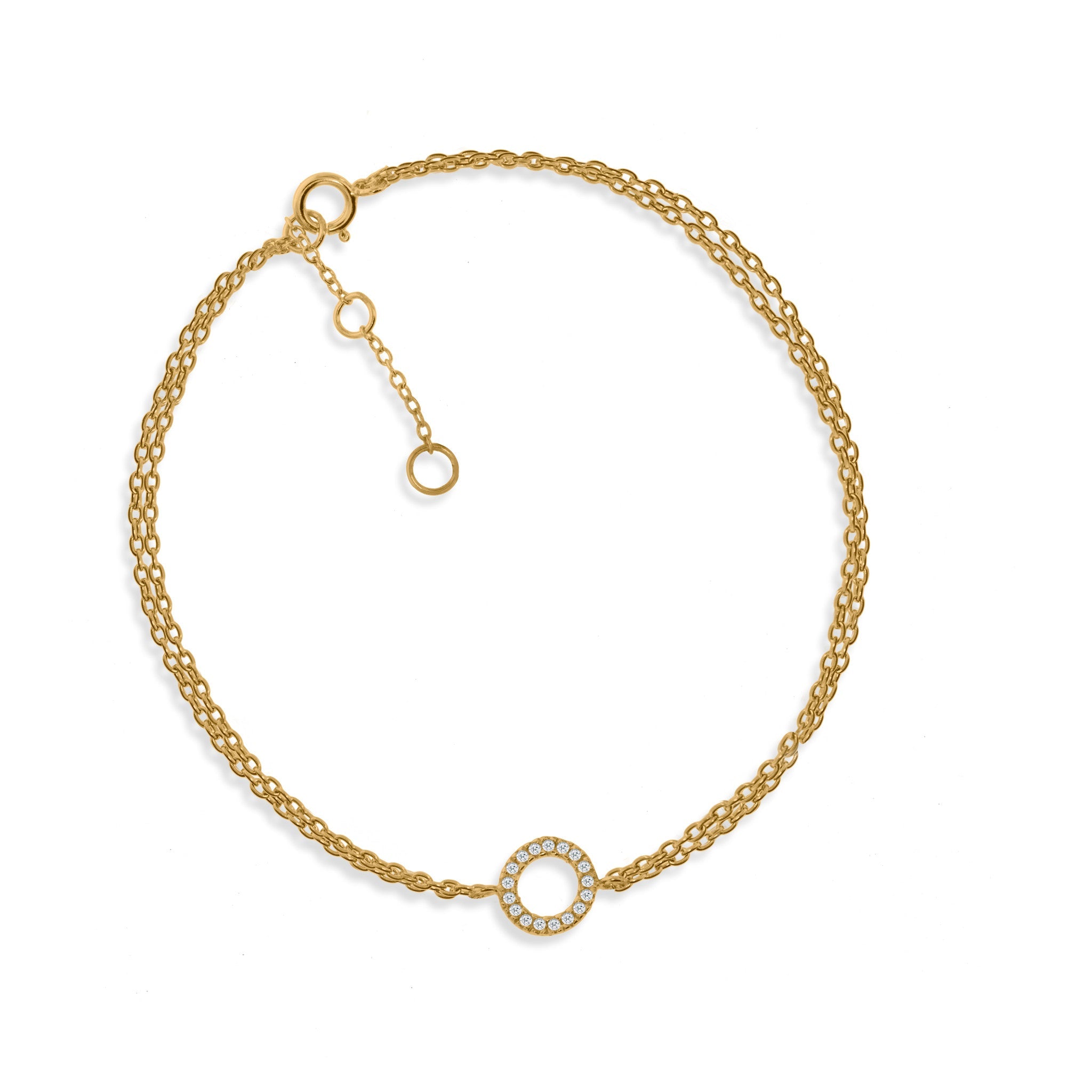 
Gold-plated double chain bracelet with a small circular charm decorated with cubic zirconia  .

