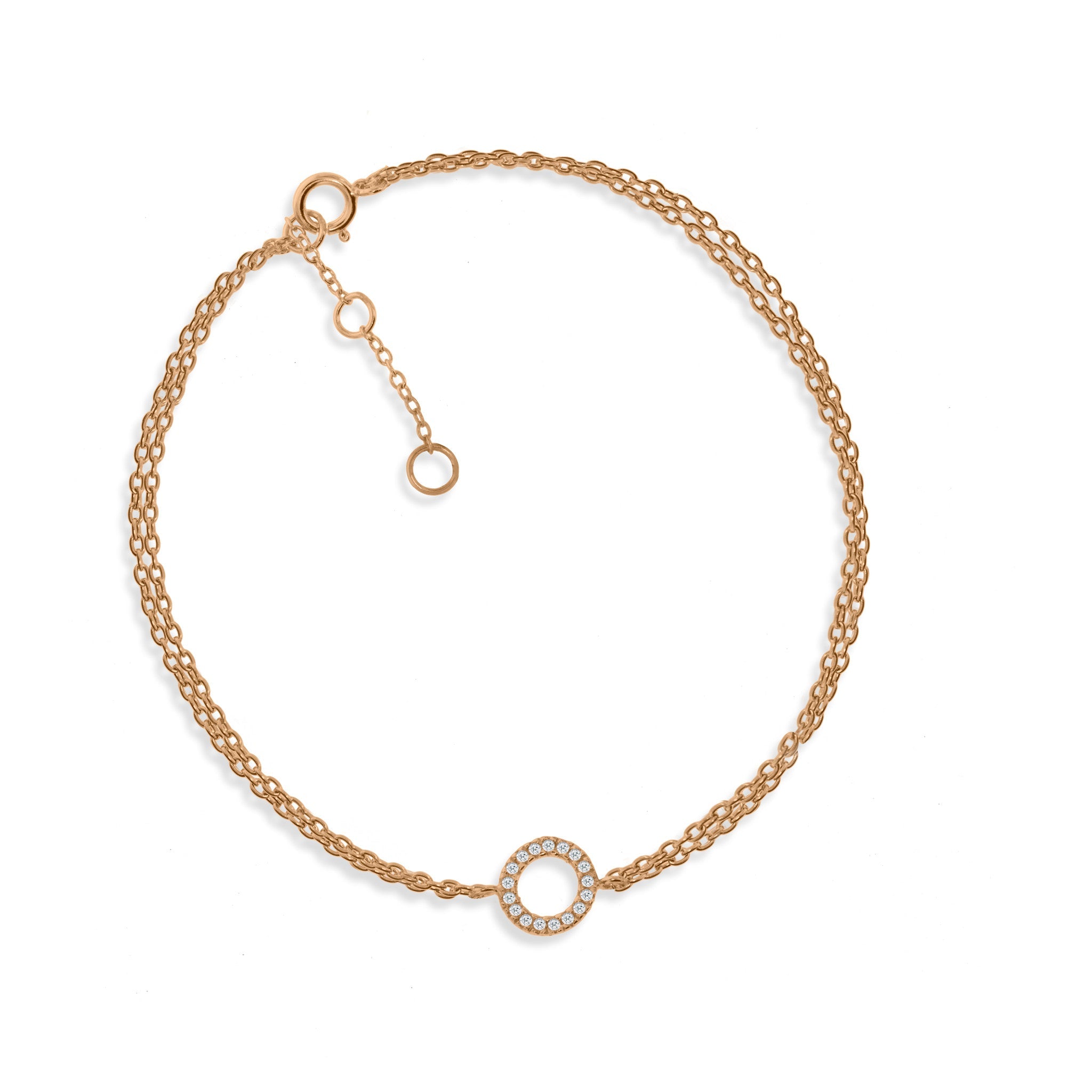 
Rose gold plated on silver double chain bracelet with circle charm decorated with CZ, shown .

