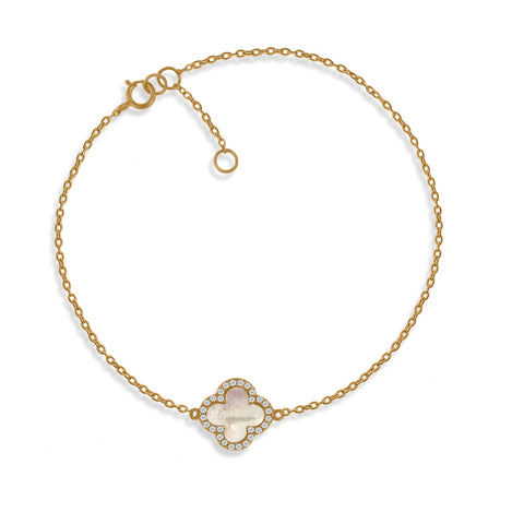 
Gold plated silver chain bracelet with Mother of Pearl clover charm rimmed with Cubic Zirconia.

