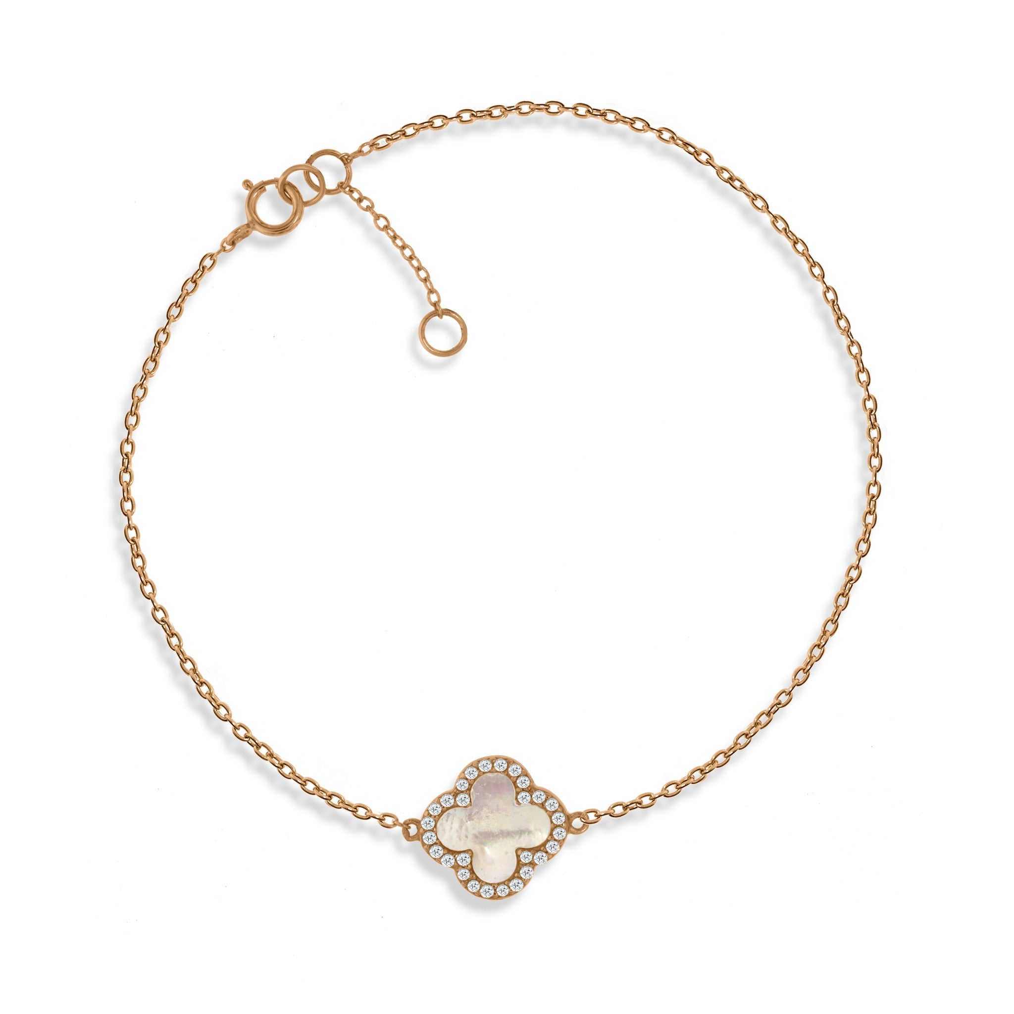 
Rose gold plated silver chain bracelet with a Mother of Pearl clover charm rimmed with Cubic Zirconia

