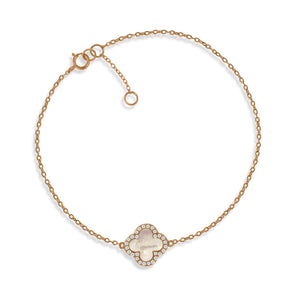 
Rose gold plated silver chain bracelet with a Mother of Pearl clover charm rimmed with Cubic Zirconia

