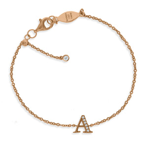 
Gold plated on silver chain initial bracelet with cubic zirconia stones, featuring a sliding size adapter.

