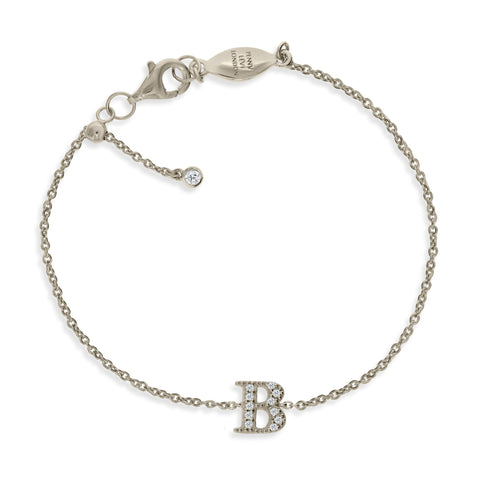 
Sterling silver initial bracelet with Cubic Zirconia on a delicate chain with sliding size adapter.

