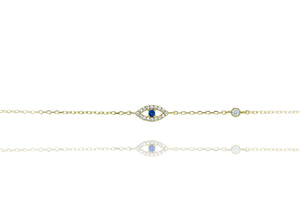 
Gold-plated on silver evil eye chain bracelet with blue centre stone and CZ rim.

