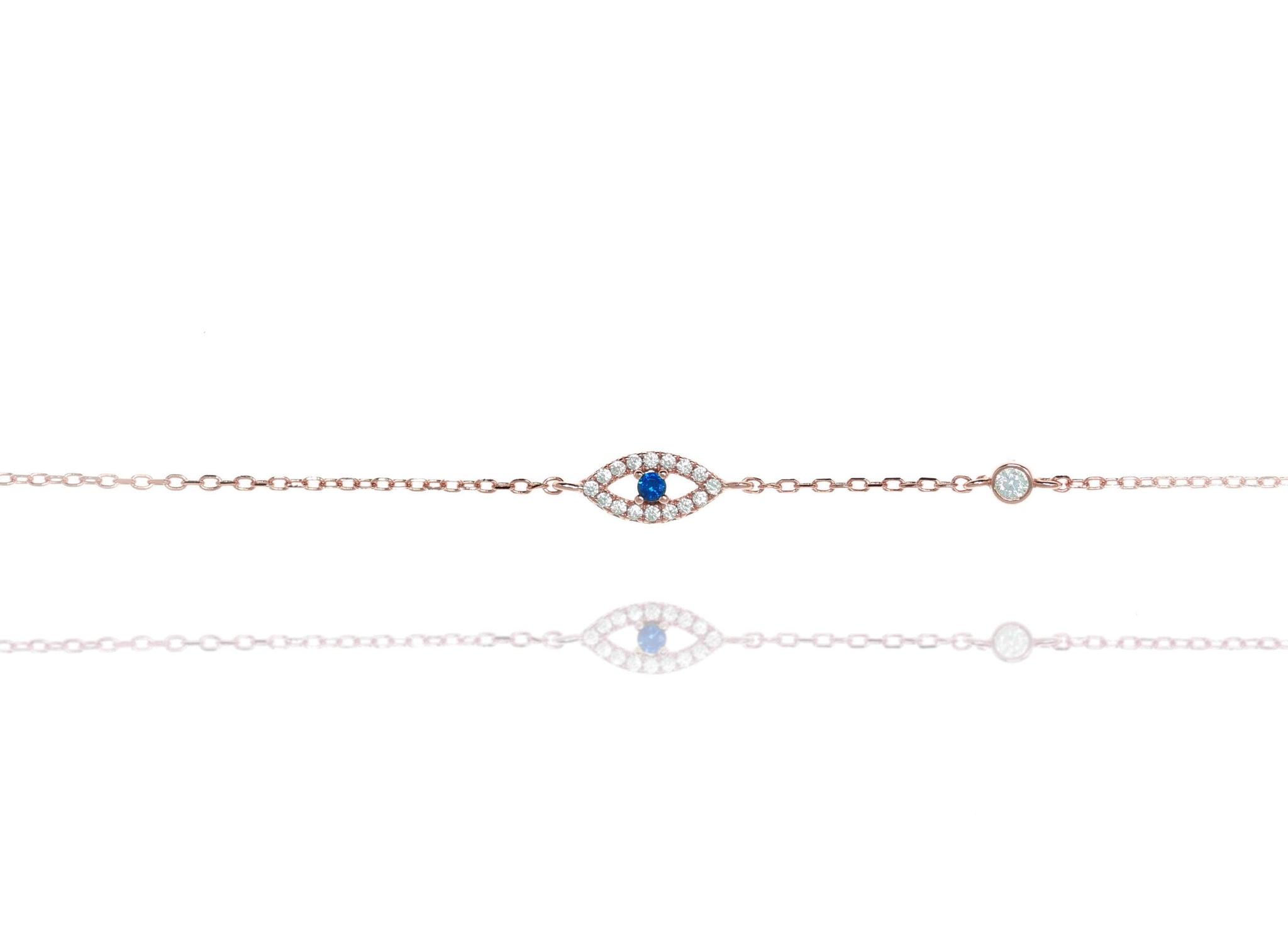 
Rose gold plated evil eye chain bracelet with blue centre stone and small Cubic Zirconia accents

