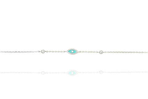 
Elegant sterling silver bracelet featuring a central enamel evil eye with intricate details.

