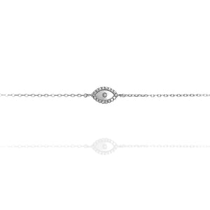 
Sterling silver chain bracelet with a white evil eye and cubic zirconia stones.

