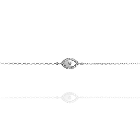 
Sterling silver chain bracelet with a white evil eye and cubic zirconia stones.

