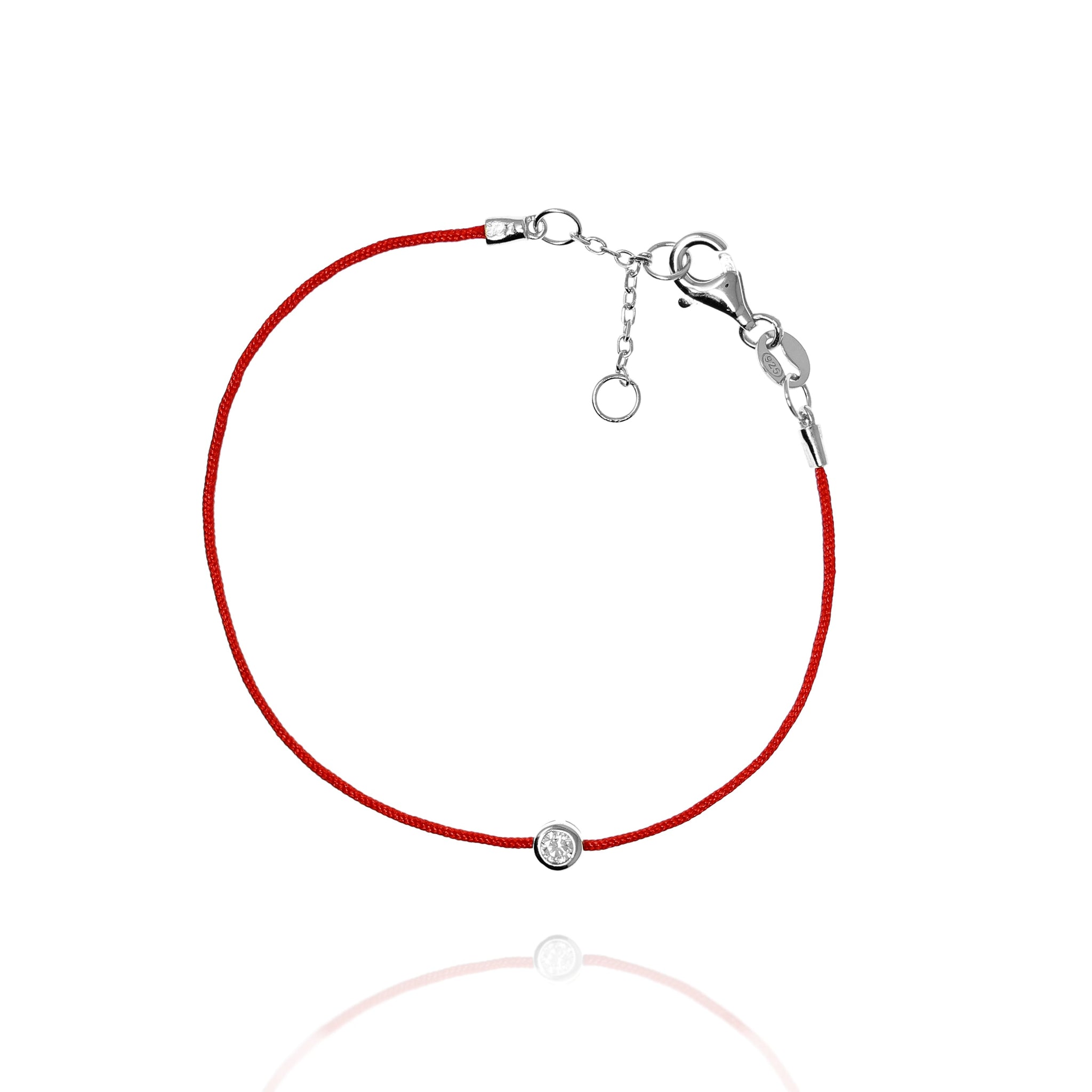 
Sterling silver red string bracelet with small cubic zirconia and lobster clasp.

