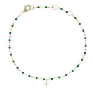 
Gold plated on silver green bead and chain bracelet with small hanging CZ crystal

