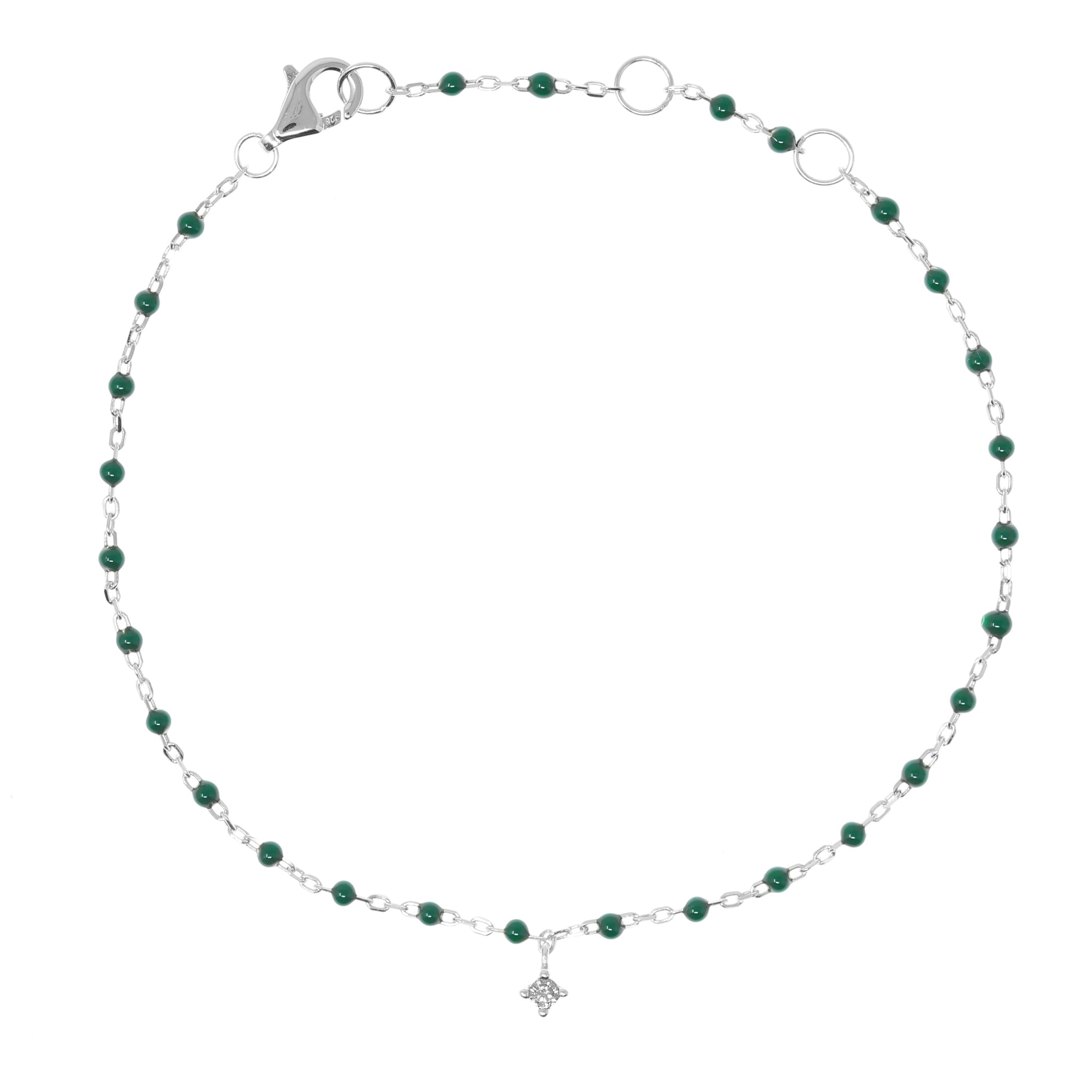 

Green Bead and Silver Chain Bracelet with small hanging CZ charm.

