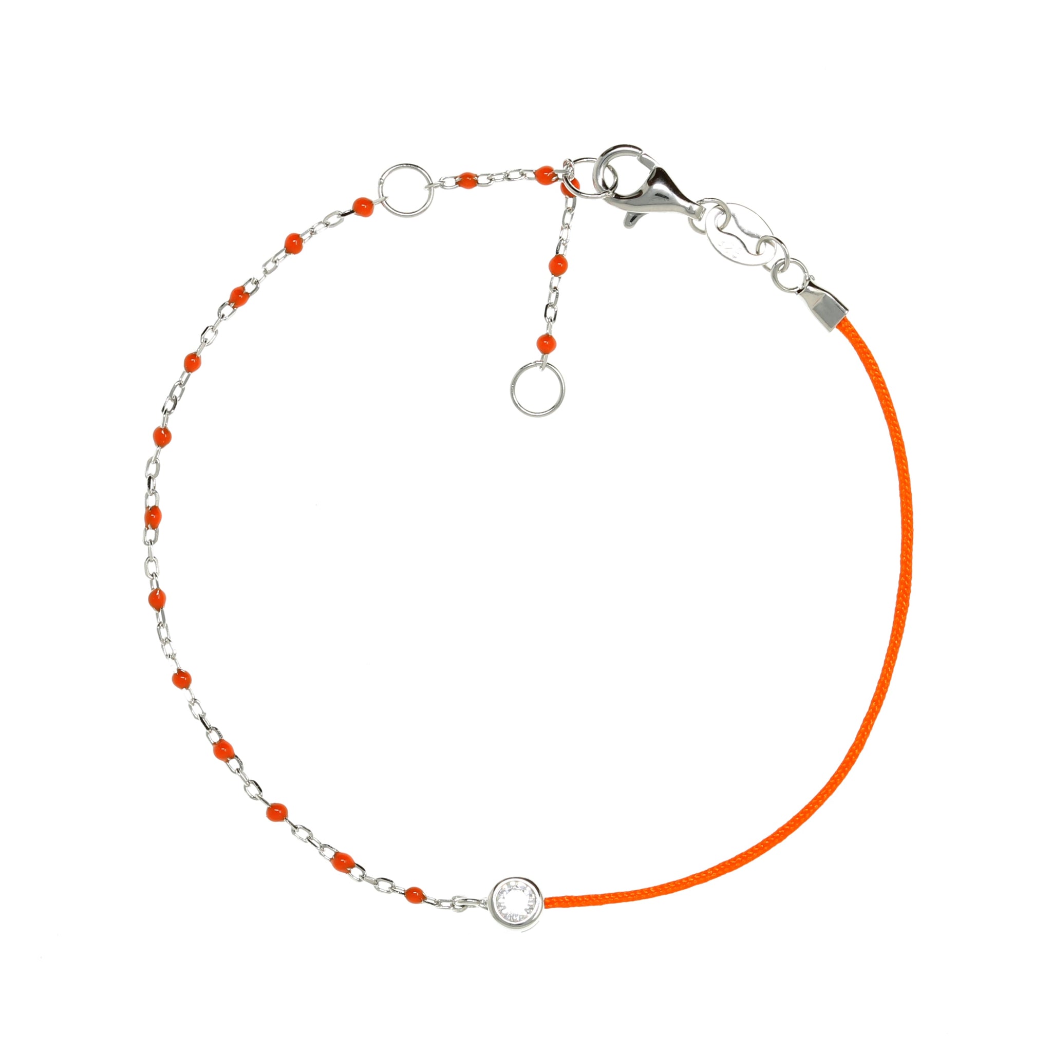 
Orange string and silver chain bracelet with small orange beads and a single cubic zirconia gemstone.

