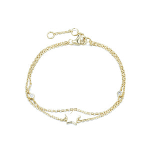 
Gold plated double chain bracelet with star charm and cubic zirconia gems.

