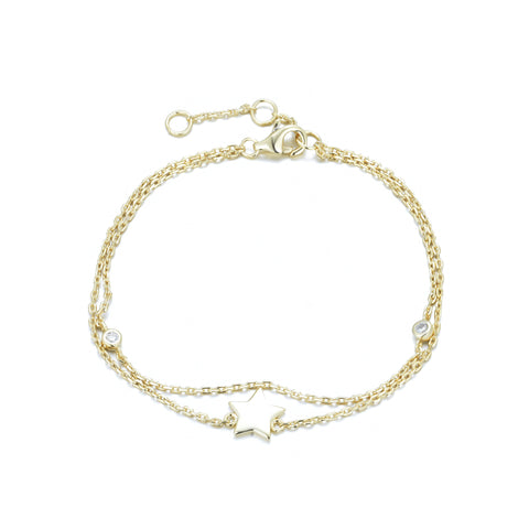 
Gold plated double chain bracelet with star charm and cubic zirconia gems.

