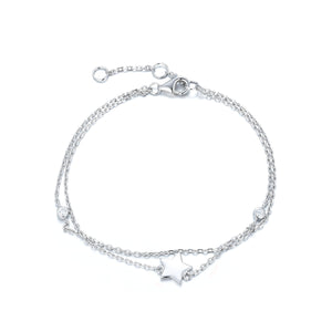 
Sterling silver double chain bracelet with star charm and cubic zirconia stones.

