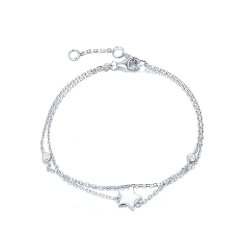 
Sterling silver double chain bracelet with star charm and cubic zirconia stones.

