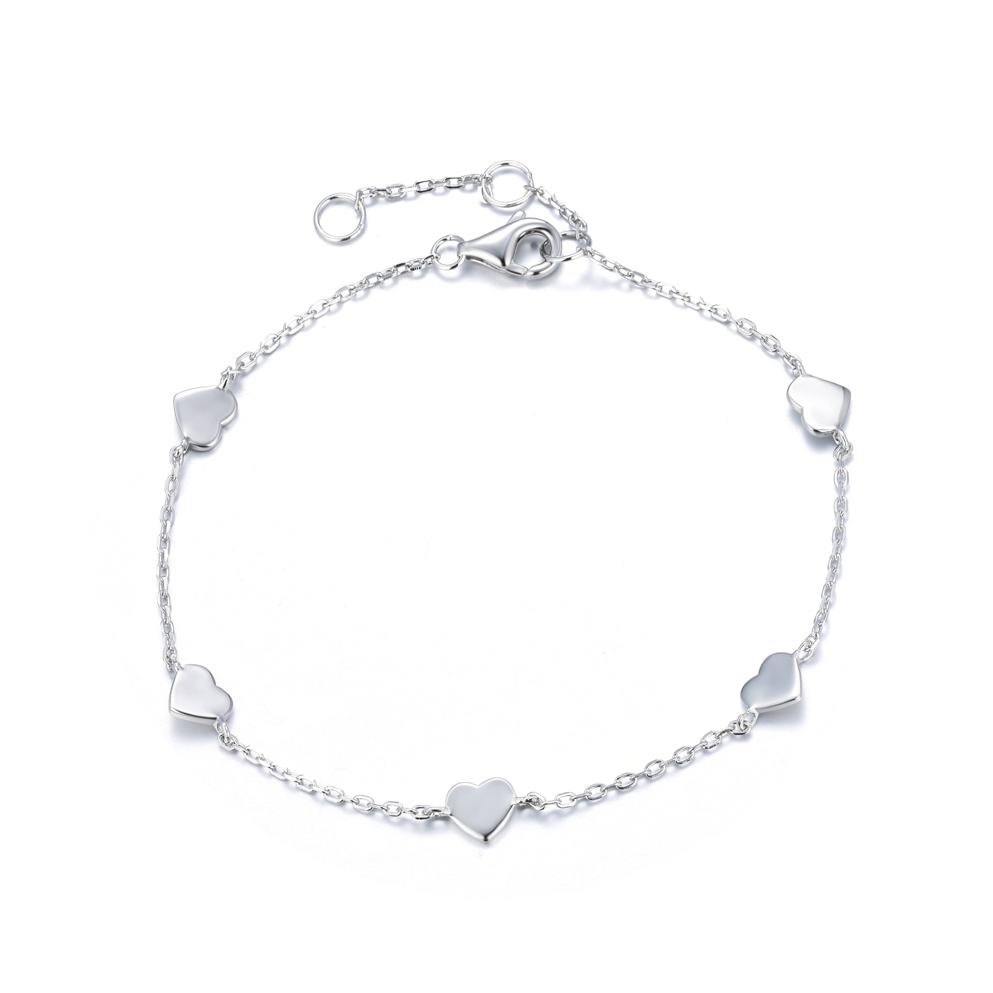 
Sterling silver chain and heart bracelet with five heart-shaped charms  .

