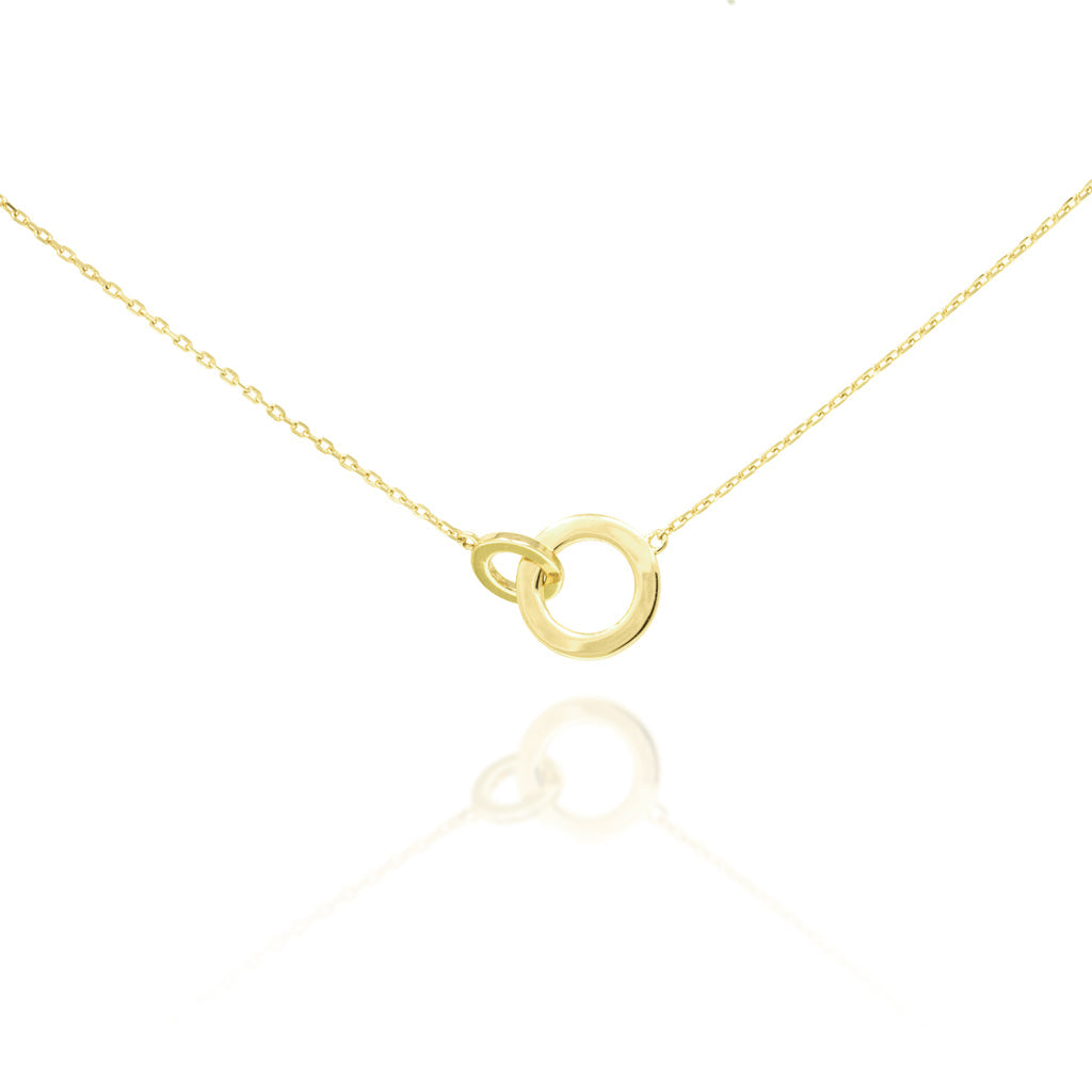 
Gold plated silver chain bracelet with intertwined hoops, showcasing a delicate design with one larger and one smaller hoop.

