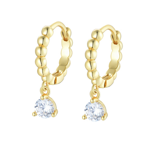 
Gold plated silver decorative hoop earrings with white CZ drop, 12 mm diameter.

