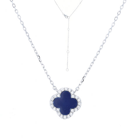 
Sterling silver necklace with a lapis clover charm rimmed in white CZ stones and an adjustable chain.

