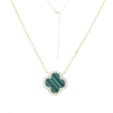 
Gold plated silver necklace with Malachite clover charm rimmed with white CZ stones

