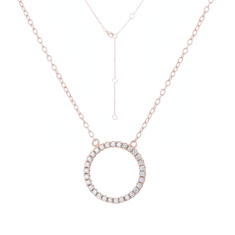 
Rose gold plated on silver hollow CZ pave circle pendant necklace with fine link chain.

