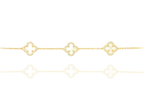 
Gold Plated Mother of Pearl Clover Bracelet with cubic zirconia  

