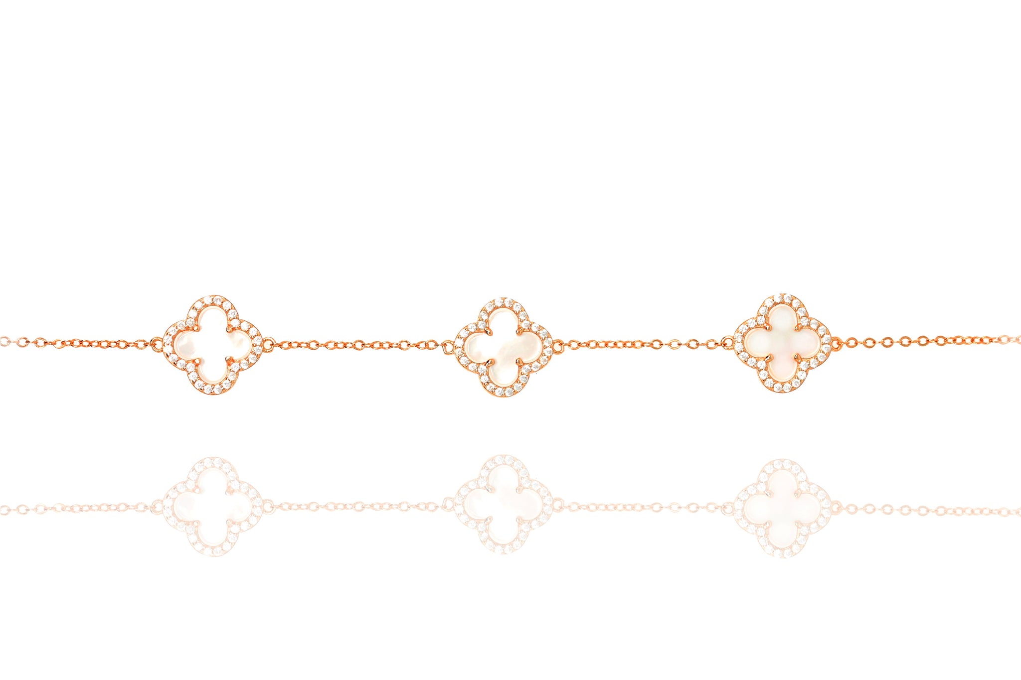 

Rose Gold Plated Mother of Pearl Clover Bracelet with Cubic Zirconia

