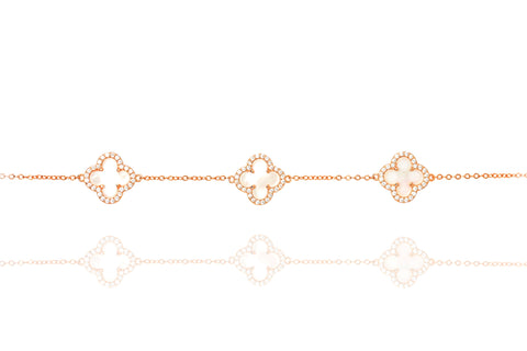 

Rose Gold Plated Mother of Pearl Clover Bracelet with Cubic Zirconia

