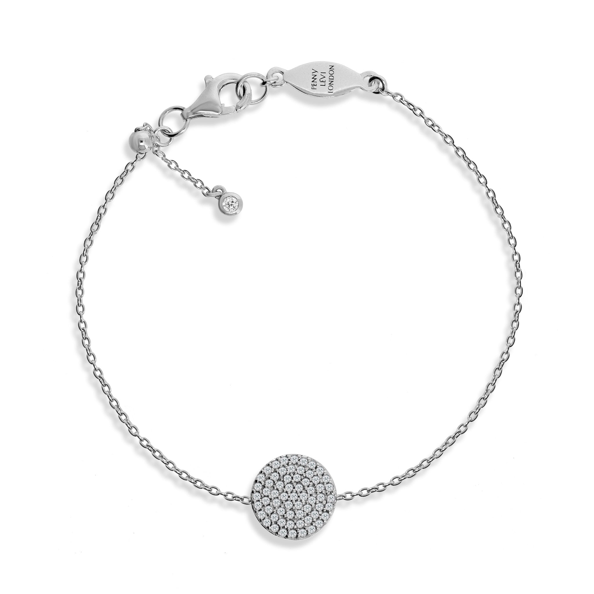 
Sterling silver chain bracelet with pave disc and adjustable sliding ball clasp

