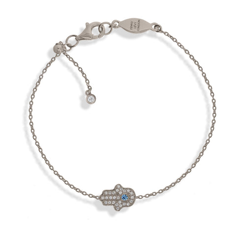 
Sterling silver chain bracelet with a pavé Hamsa hand charm and an adjustable slider.

