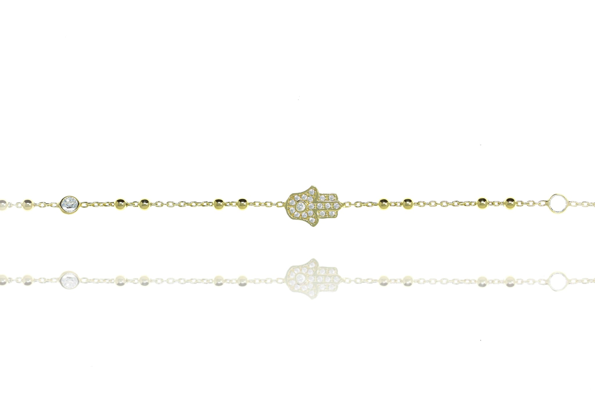 
Gold Plated Silver Chain Bobble Bracelet with Pave Hamsa and Cubic Zirconia

