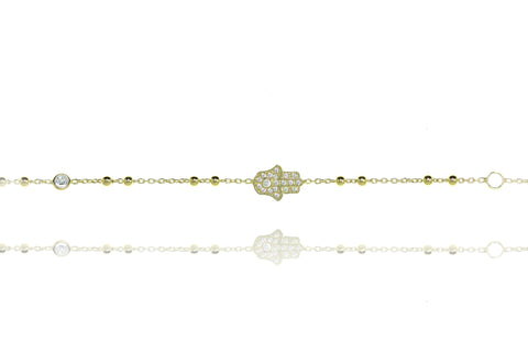 
Gold Plated Silver Chain Bobble Bracelet with Pave Hamsa and Cubic Zirconia

