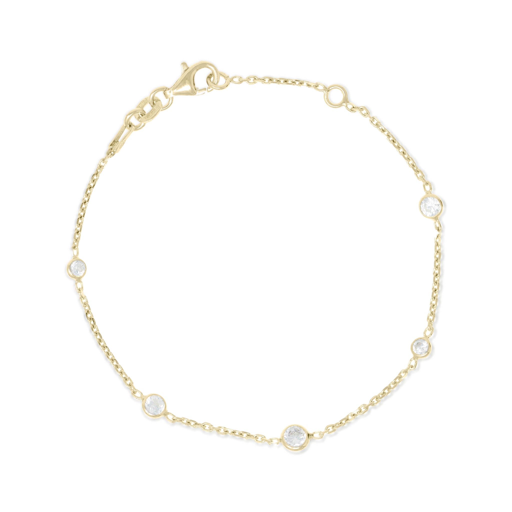 
Gold-plated chain bracelet with five bezel-set Cubic Zirconia stones and a lobster clasp, made in Italy.

