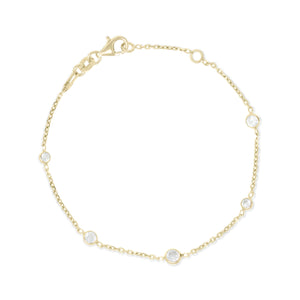 
Gold-plated chain bracelet with five bezel-set Cubic Zirconia stones and a lobster clasp, made in Italy.

