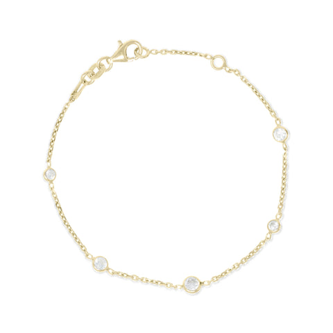 
Gold-plated chain bracelet with five bezel-set Cubic Zirconia stones and a lobster clasp, made in Italy.

