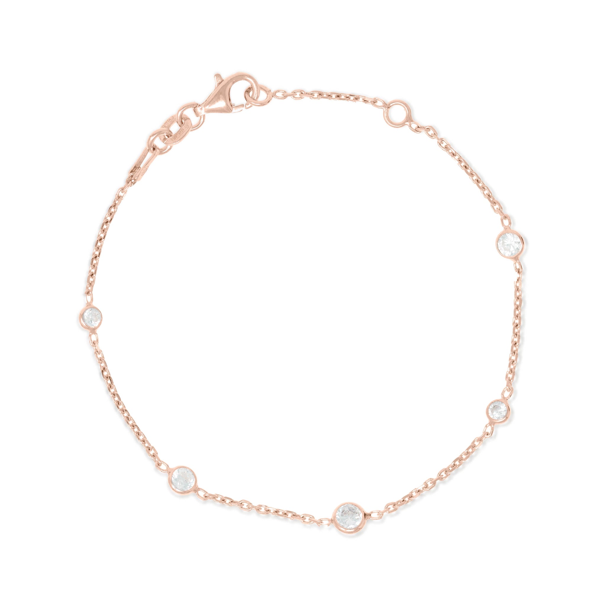 
Rose gold and silver chain bracelet with five bezel set Cubic Zirconia stones and lobster clasp.

