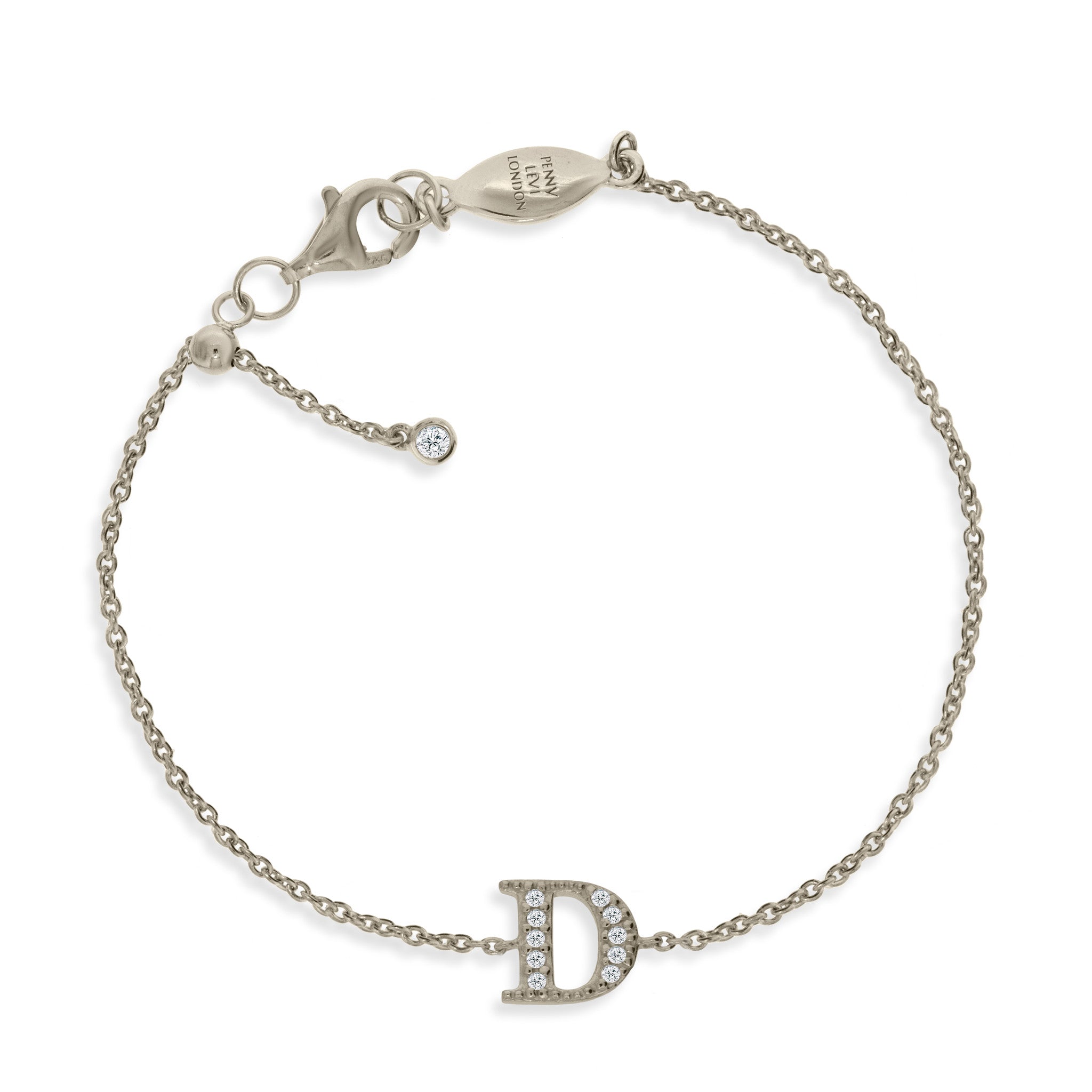 

Sterling silver initial bracelet with CZ and sliding size adapter displaying the letter D.

