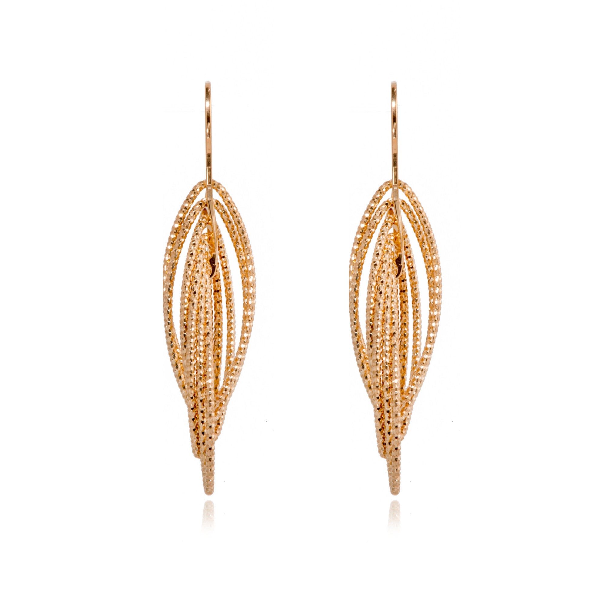 
Gold plated on silver multi ellipse intertwined 3D drop hook earrings, diamond cut, made in Italy, with a length of approximately 3.00 cm and a width of 1 cm.

