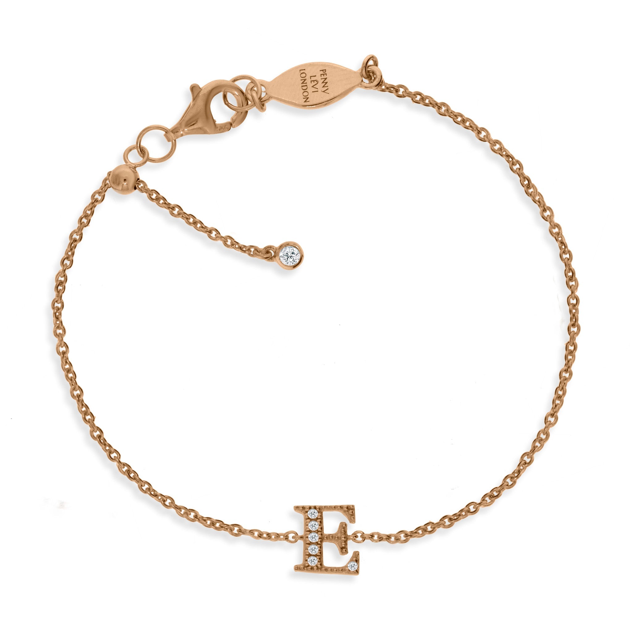 
Rose gold plated initial bracelet with Cubic Zirconia stones and adjustable sliding length adapter

