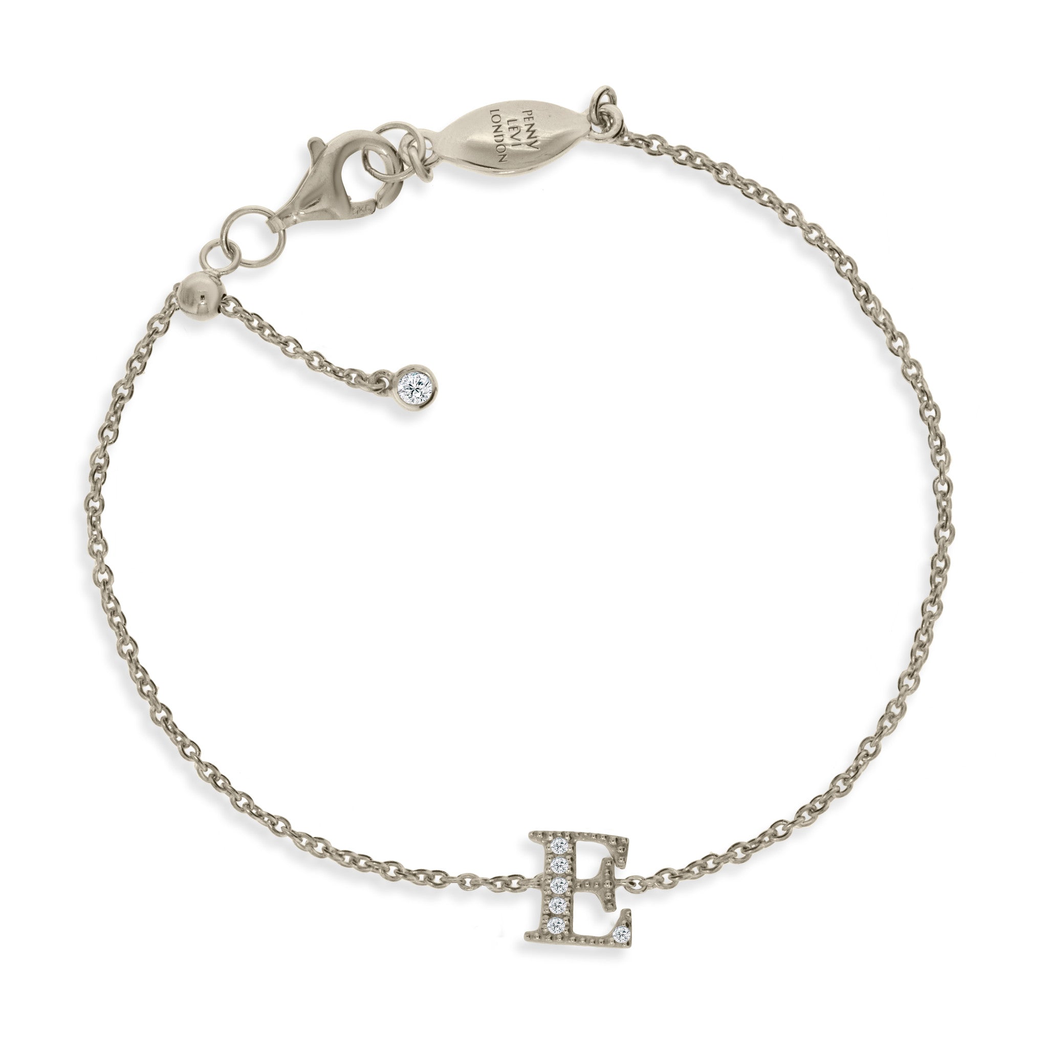 
Sterling silver initial bracelet with CZ letter 'E', featuring a sliding size adapter.

