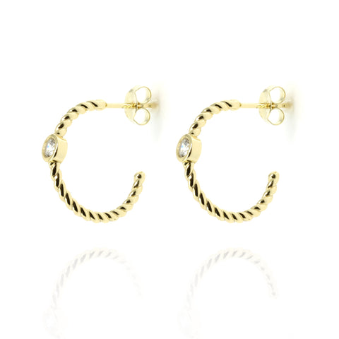 
Gold-plated twisted half hoop earrings with single cubic zirconia.

