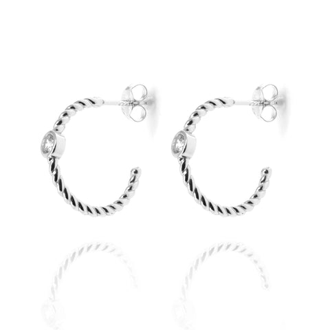 
Sterling Silver Twisted Half Hoop Earrings with Single Cubic Zirconia

