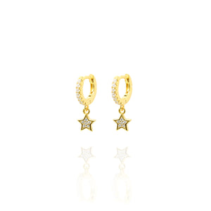 Gold plated on silver small huggie earrings rimmed with cubic zirconia and dangling star charm.

