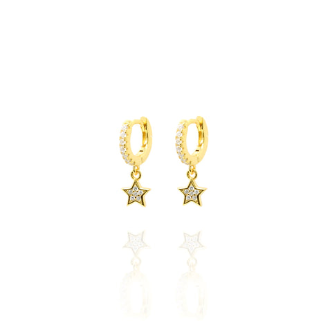 Gold plated on silver small huggie earrings rimmed with cubic zirconia and dangling star charm.

