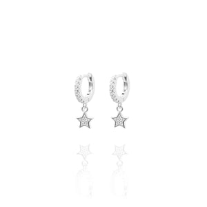 
Sterling silver huggie earrings with cubic zirconia and hanging star.

