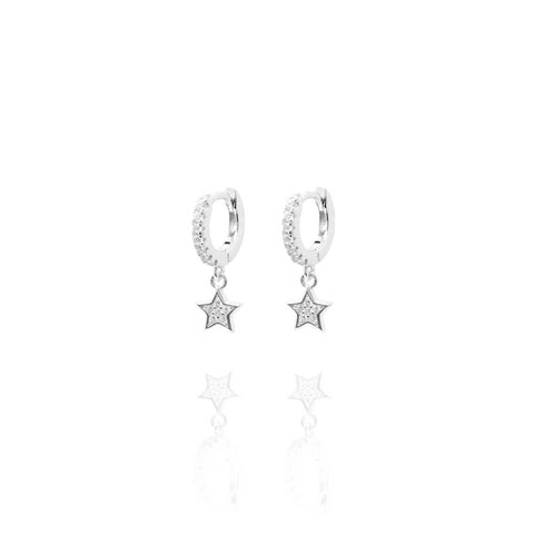 
Sterling silver huggie earrings with cubic zirconia and hanging star.

