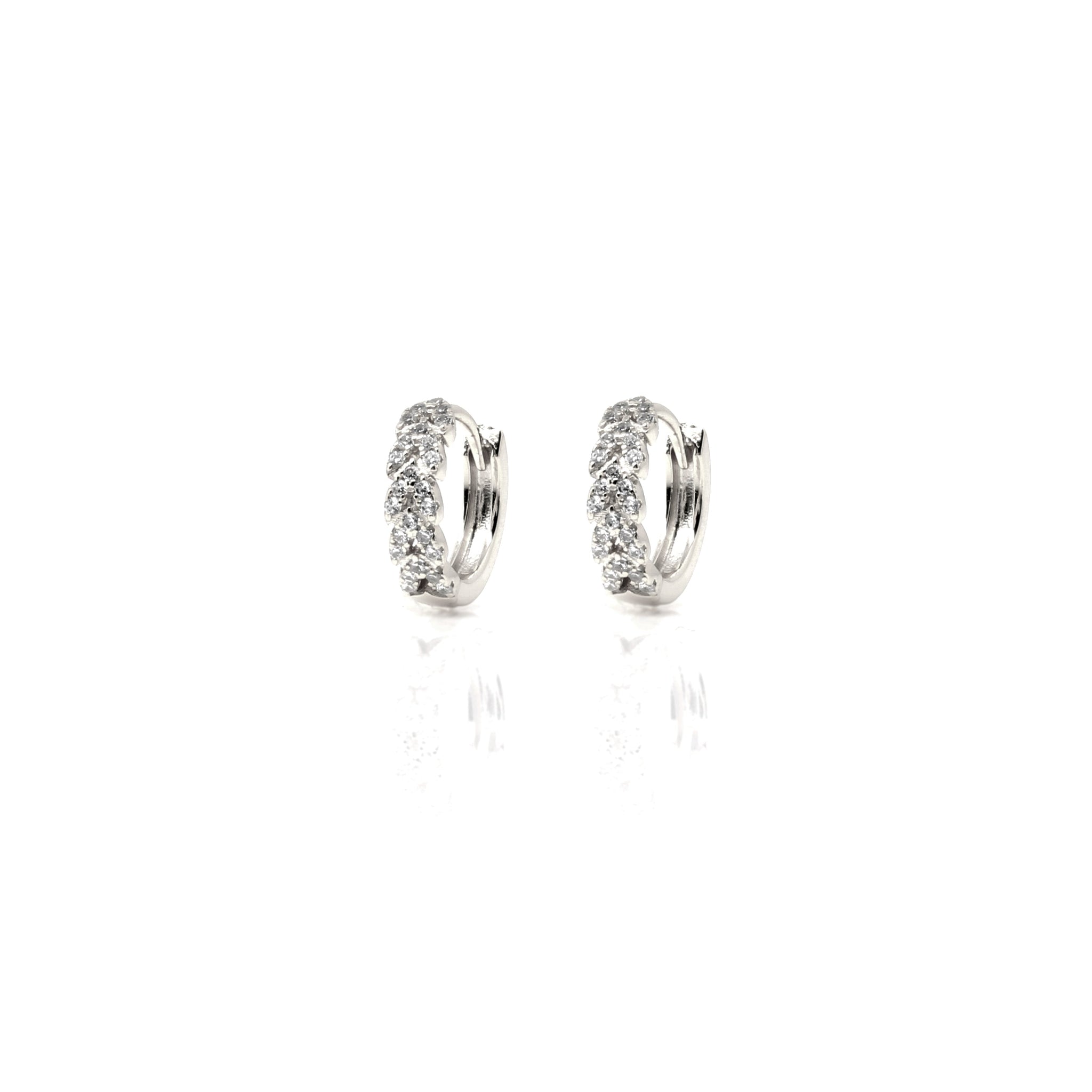 
Sterling silver huggie earrings with entwined cubic zirconia, 12 mm diameter.

