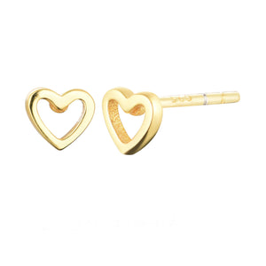 
Heart-shaped gold plated on silver stud earrings showcasing delicate design and high polish finish.

