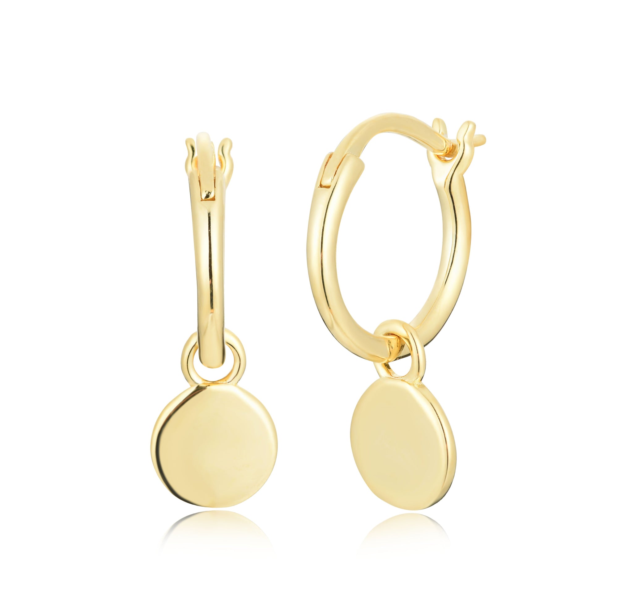 
Gold plated on silver hoop earrings with plain finish and hanging disks

